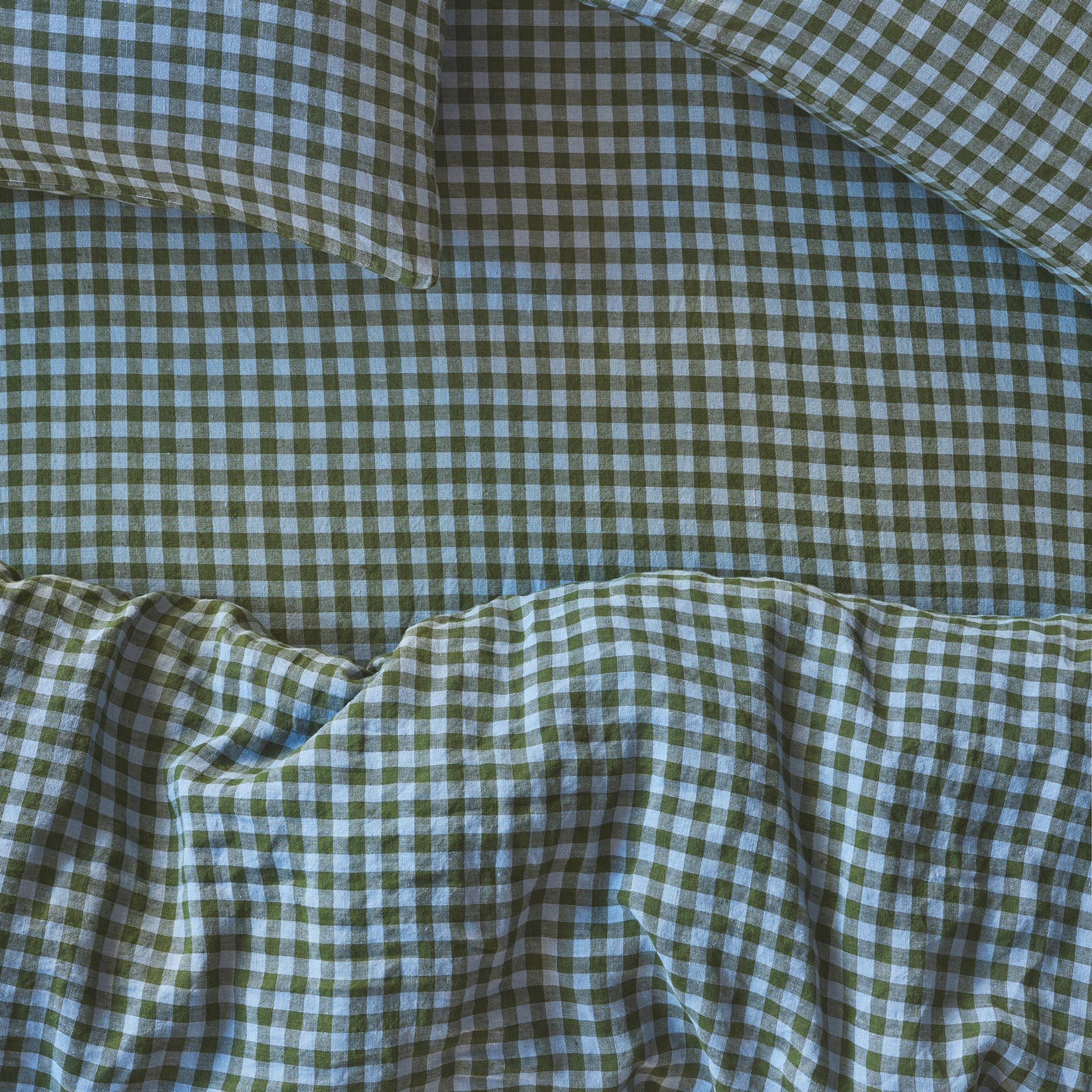 Fern Green & Dusk Blue Color Drenched Gingham 100% Linen Fitted Sheet