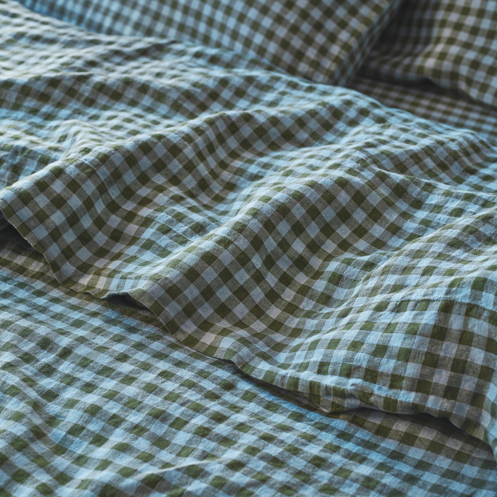Fern Green & Dusk Blue Color Drenched Gingham 100% Linen Flat Sheet