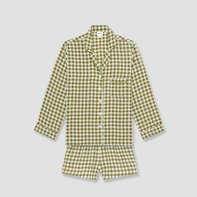 Botanical Green Gingham Linen Pajama Shorts Set