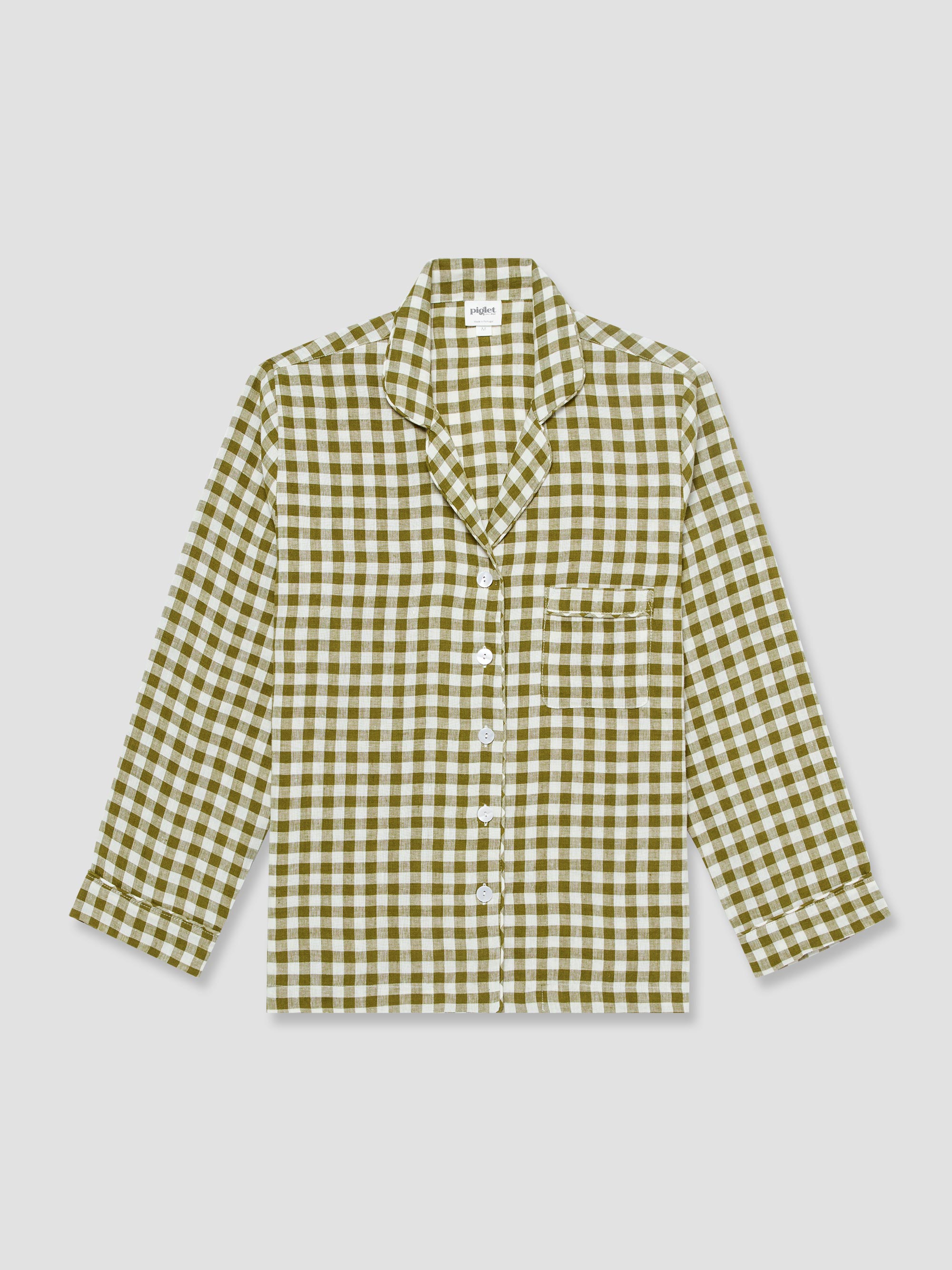 Botanical Green Gingham Linen Pajama Shirt (Top Only) | Piglet in