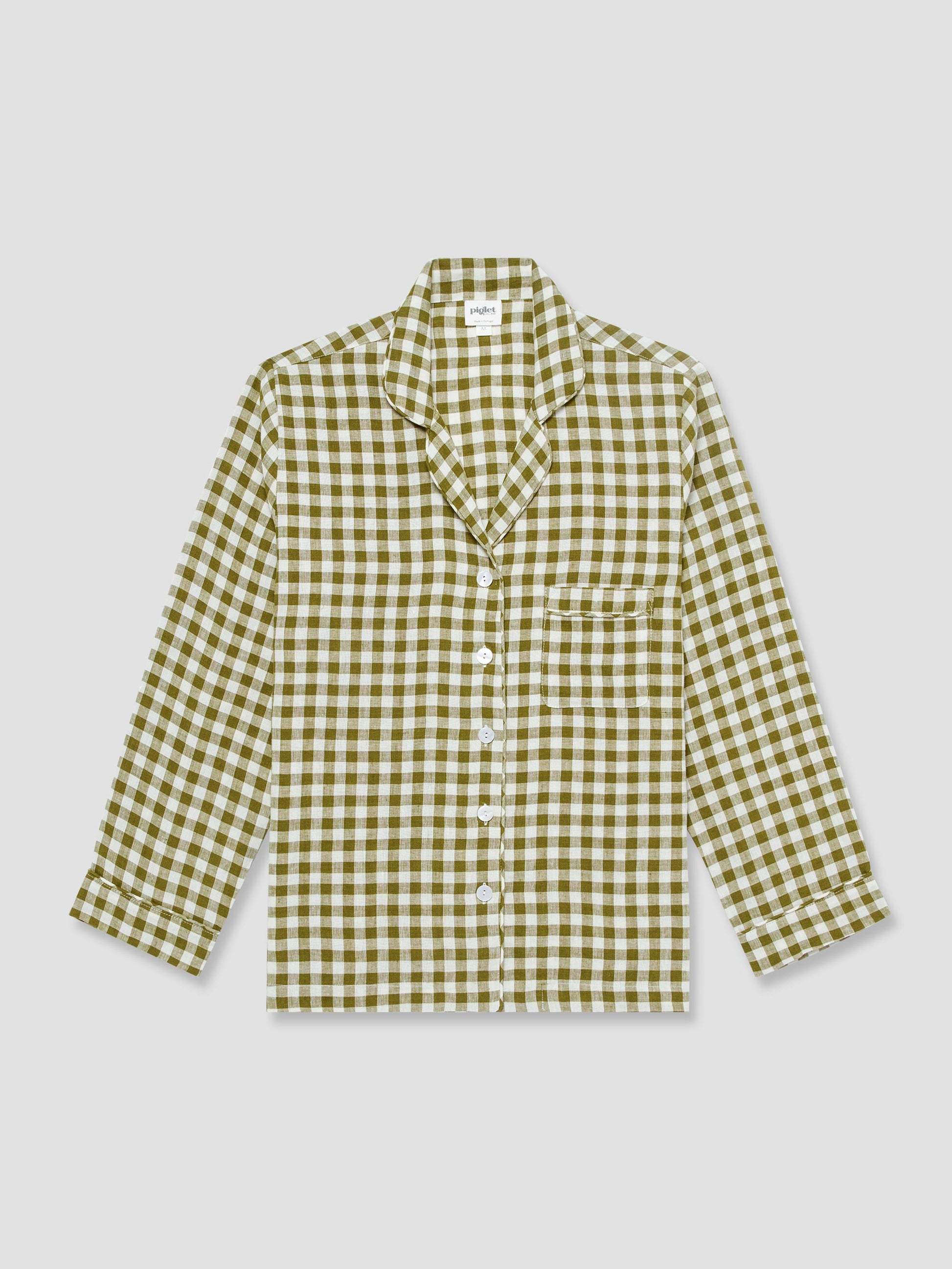 Botanical Green Gingham Linen Pajama Shirt (Top Only)