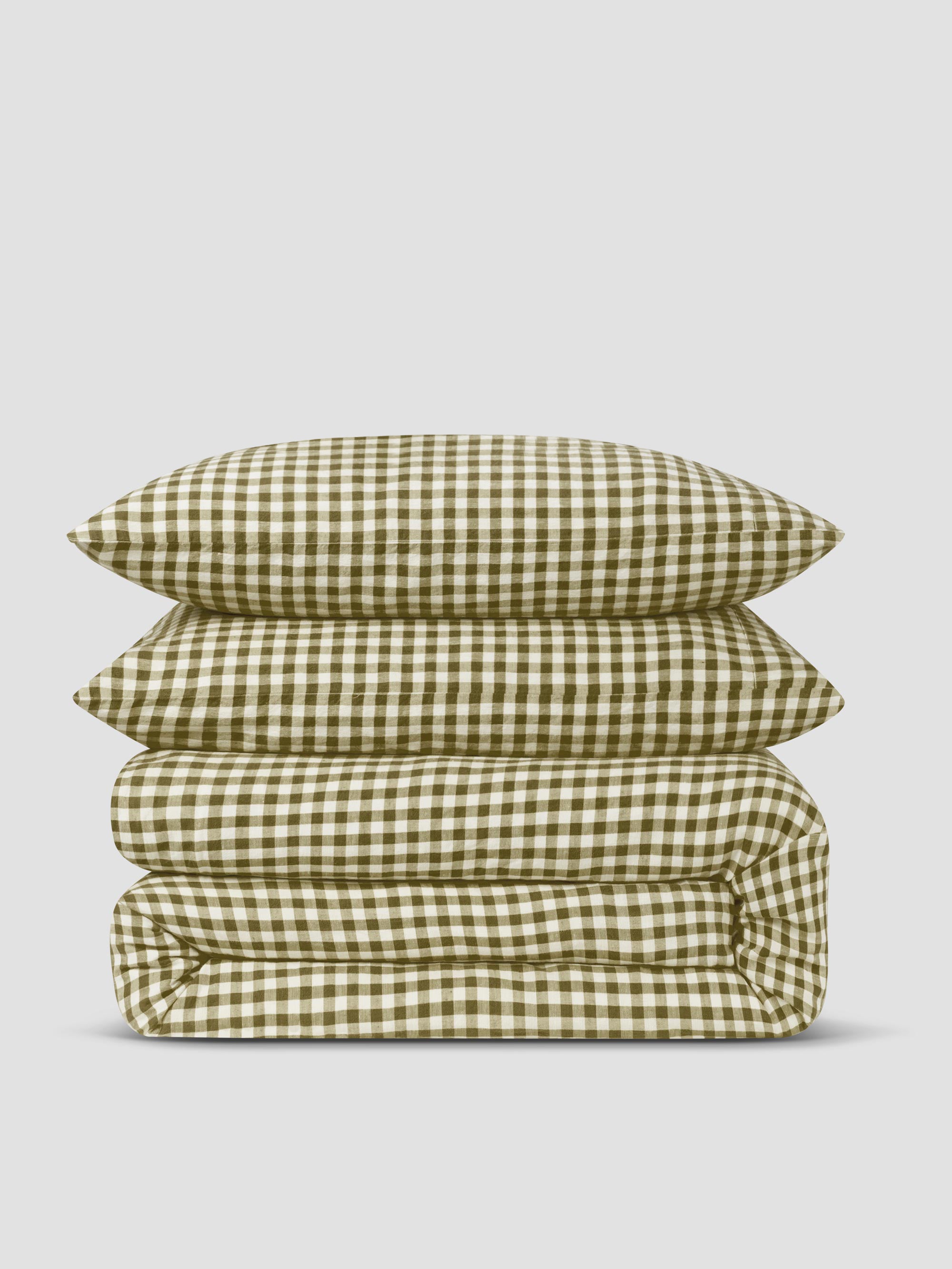 Queen Size Botanical Green Gingham Linen Blend Duvet Set