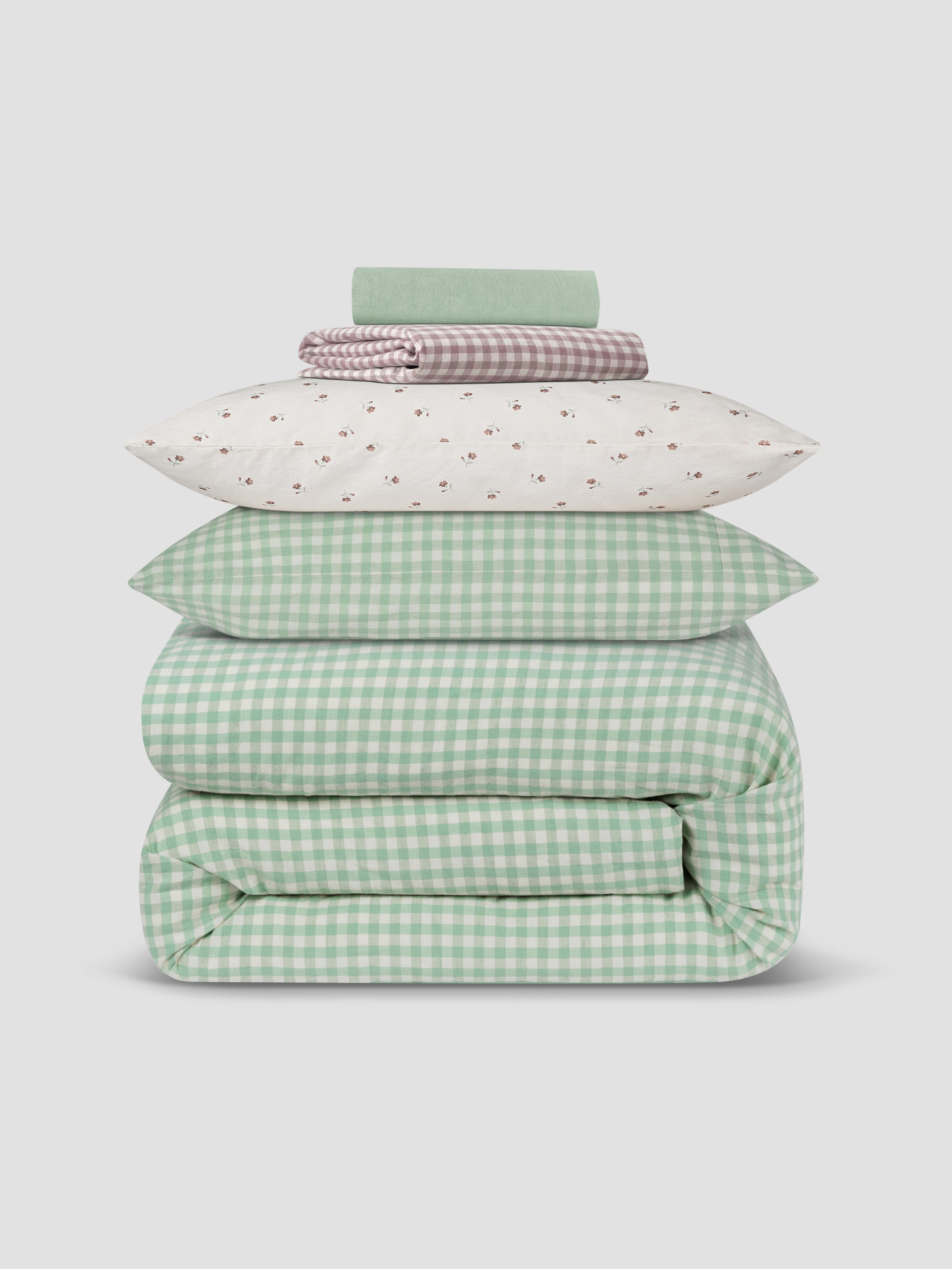 Sage Green Gingham & Posy Bud Linen Blend Bedding Set - Piglet in Bed US