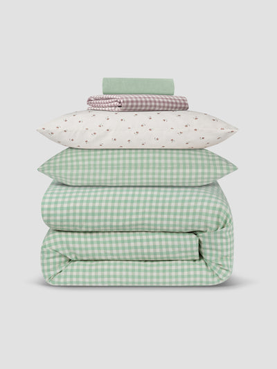 Sage Green Gingham & Posy Bud Linen Blend Bedding Set - Piglet in Bed US