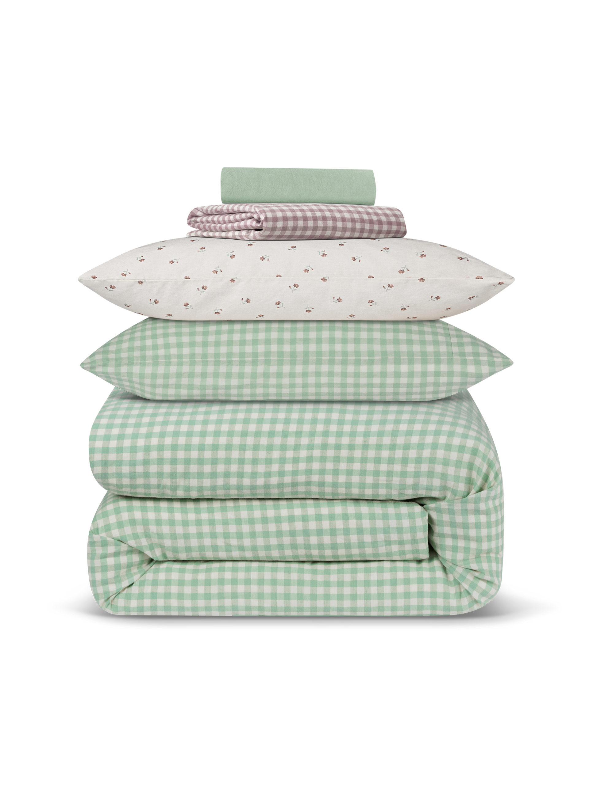 Sage Green Gingham & Posy Bud Linen Blend Bedding Set - Piglet in Bed US