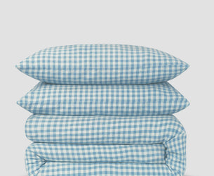 Warm Blue Gingham Linen Blend Duvet Set - Piglet in Bed US