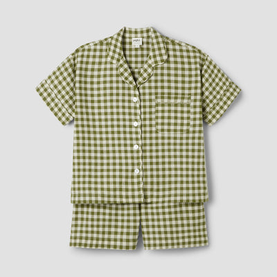 Botanical Green Gingham Linen Blend Pajama Short Set