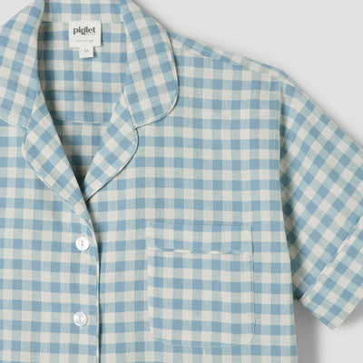 Warm Blue Gingham Linen Blend Pajama Short Set
