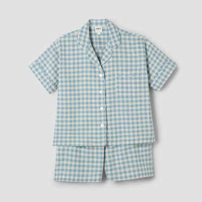 Warm Blue Gingham Linen Blend Pajama Short Set - alternate image