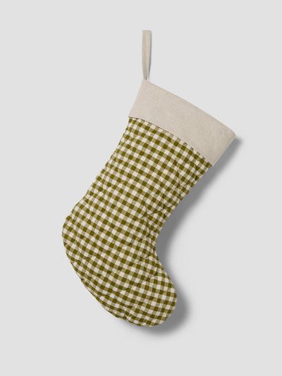 Botanical Green Gingham Linen Blend Christmas Stocking
