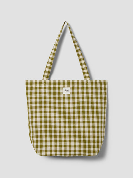 Botanical Green Gingham Linen Blend Tote Bag | Piglet in Bed US