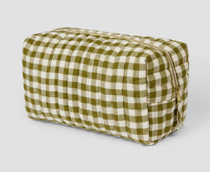Botanical Green Gingham Linen Blend Wash Bag - Piglet in Bed US