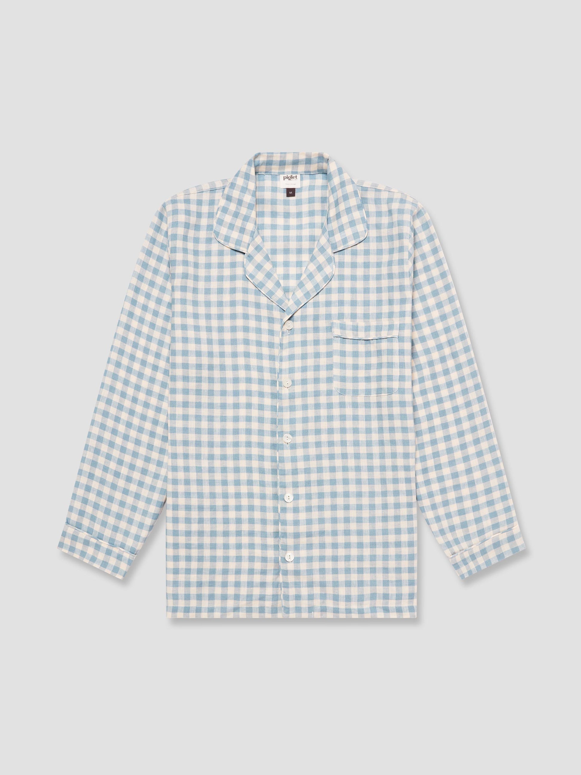 Men's Warm Blue Gingham Linen Pajama Shirt