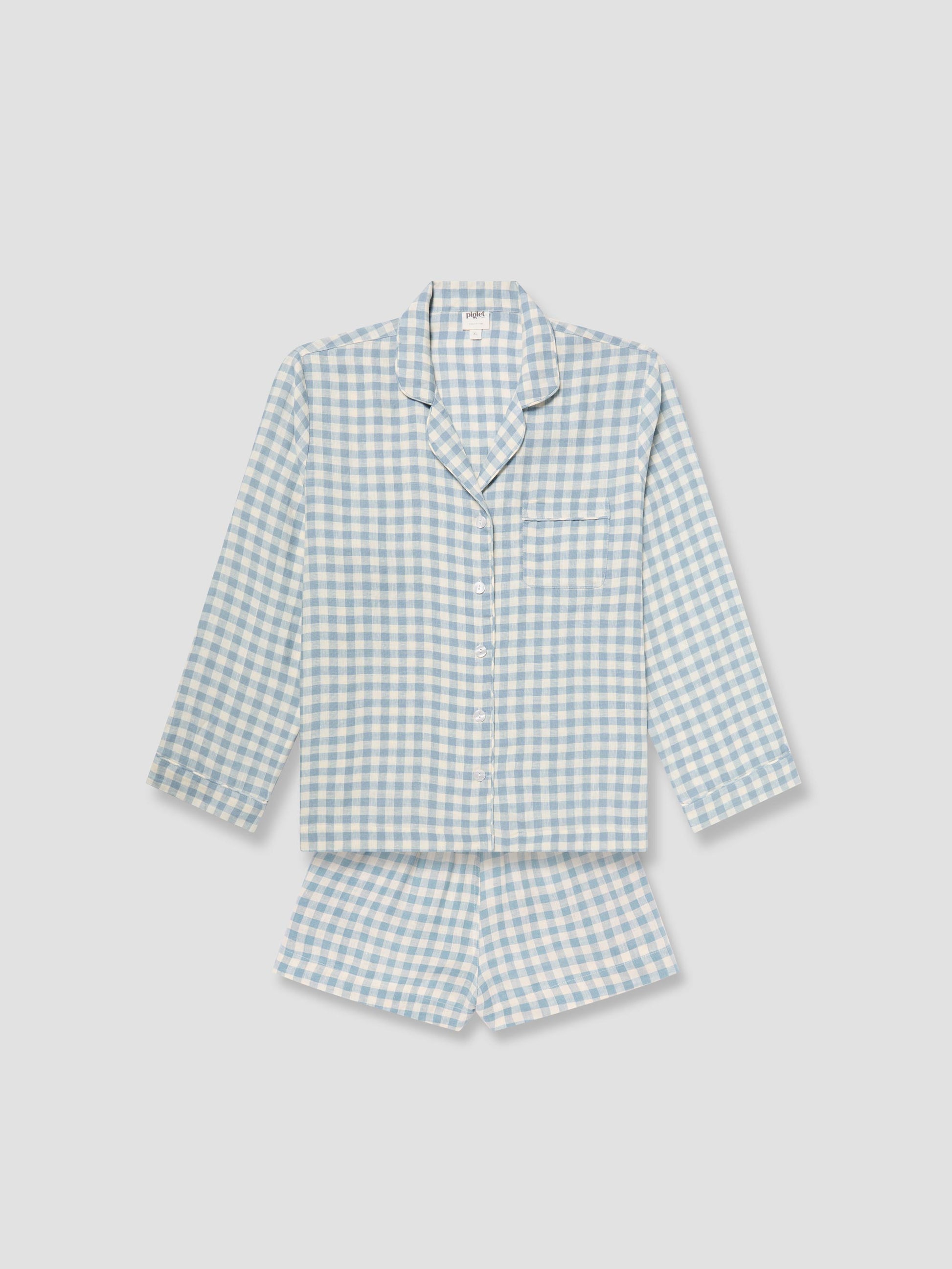 Warm Blue Gingham Linen Pajama Shorts Set