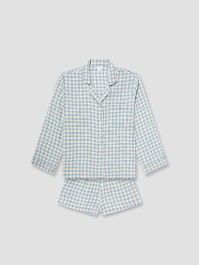 Warm Blue Gingham Linen Pajama Shorts Set