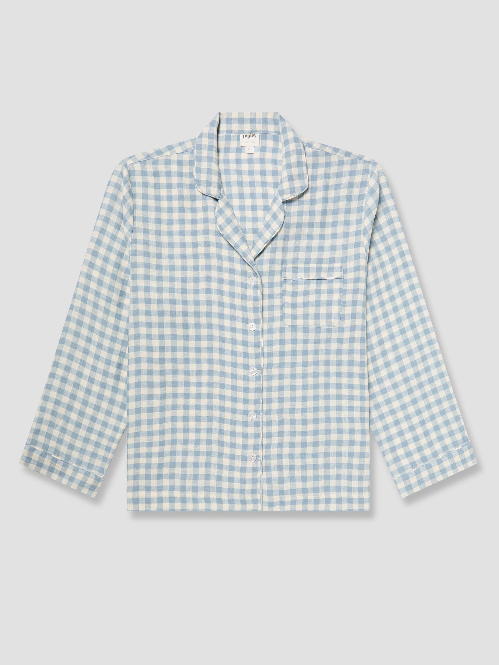 Warm Blue Gingham Linen Pajama Shirt (Top Only)