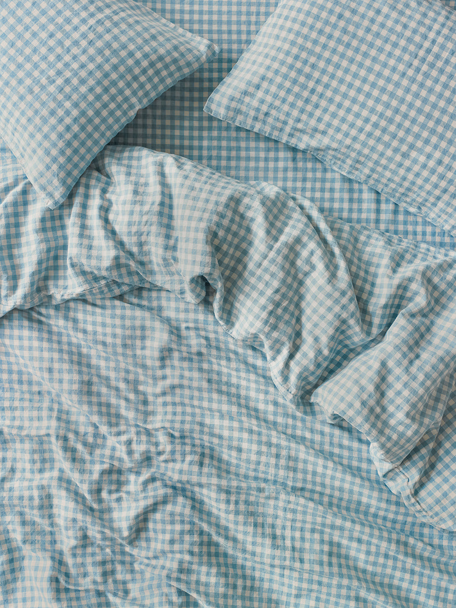 Warm Blue Gingham Linen Bedding