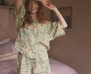 Soft Sage Honeysuckle Linen Women’s Pajama Shorts Set