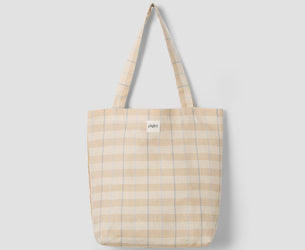 Cafe Au Lait Check Stripes 100% Linen Tote Bag