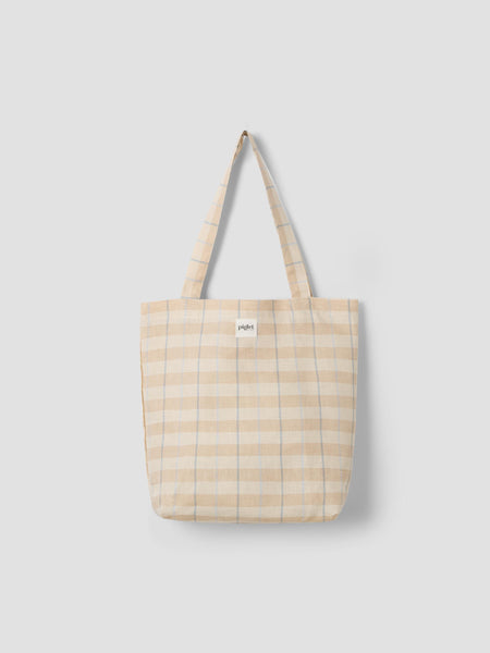 Cafe Au Lait Check Stripes 100% Linen Tote Bag | Piglet in Bed US