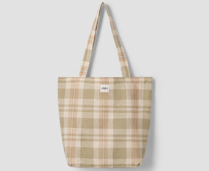 Taupe Plaid 100% Linen Tote Bag