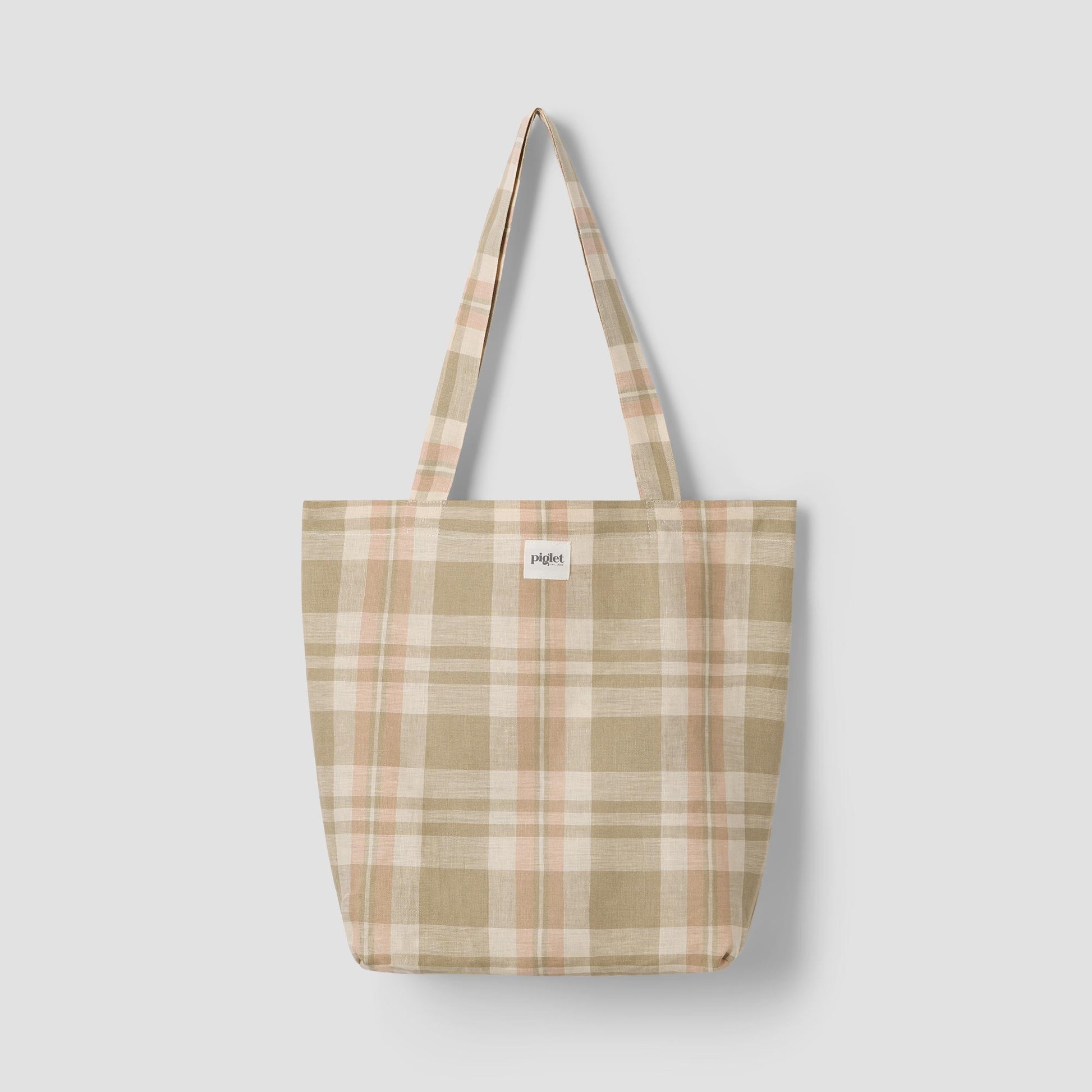Taupe Plaid 100% Linen Tote Bag