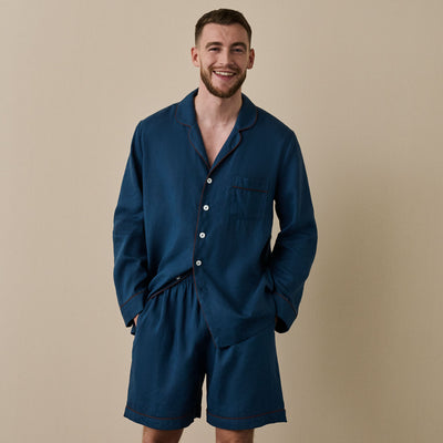 Marine Blue Linen Tencel Men's Pajama Shirt