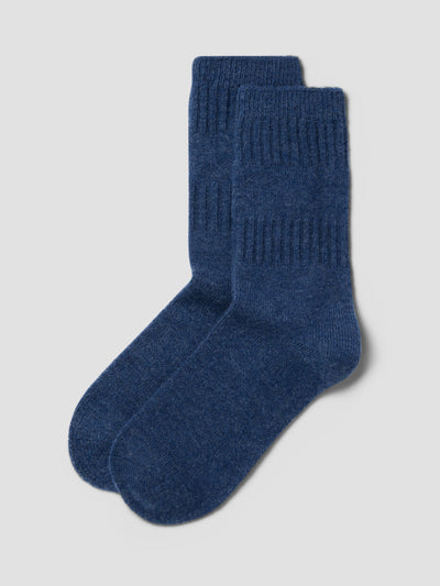 A pair of dark blue ribbed knit crew socks displayed against a light gray background.