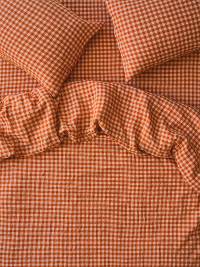 Cinnamon & Peach Colour Drenched Gingham Linen Blend Duvet Cover