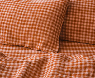 Cinnamon & Peach Colour Drenched Gingham Linen Blend Pillowcases (Pair)
