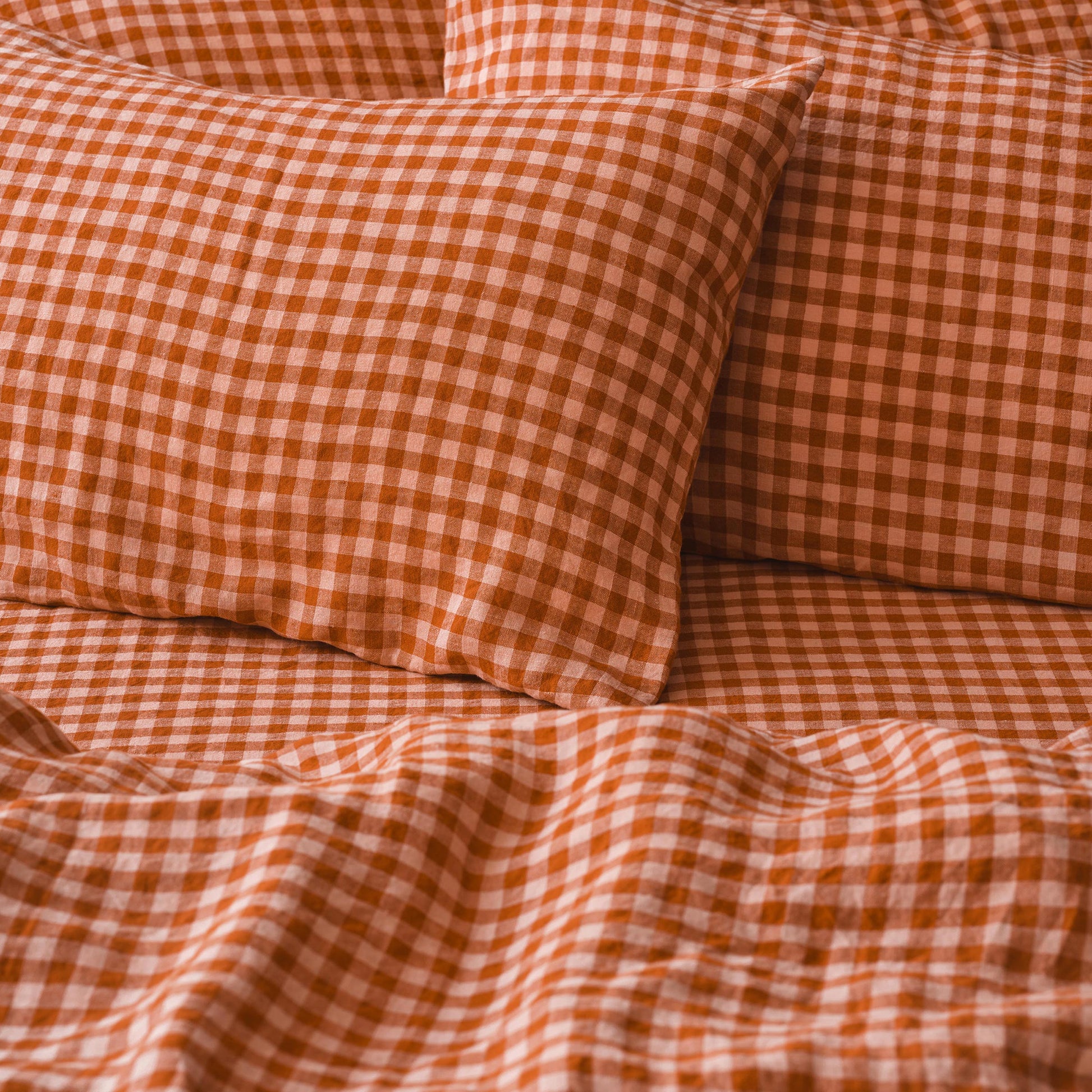 Cinnamon & Peach Colour Drenched Gingham Linen Blend Pillowcases (Pair)