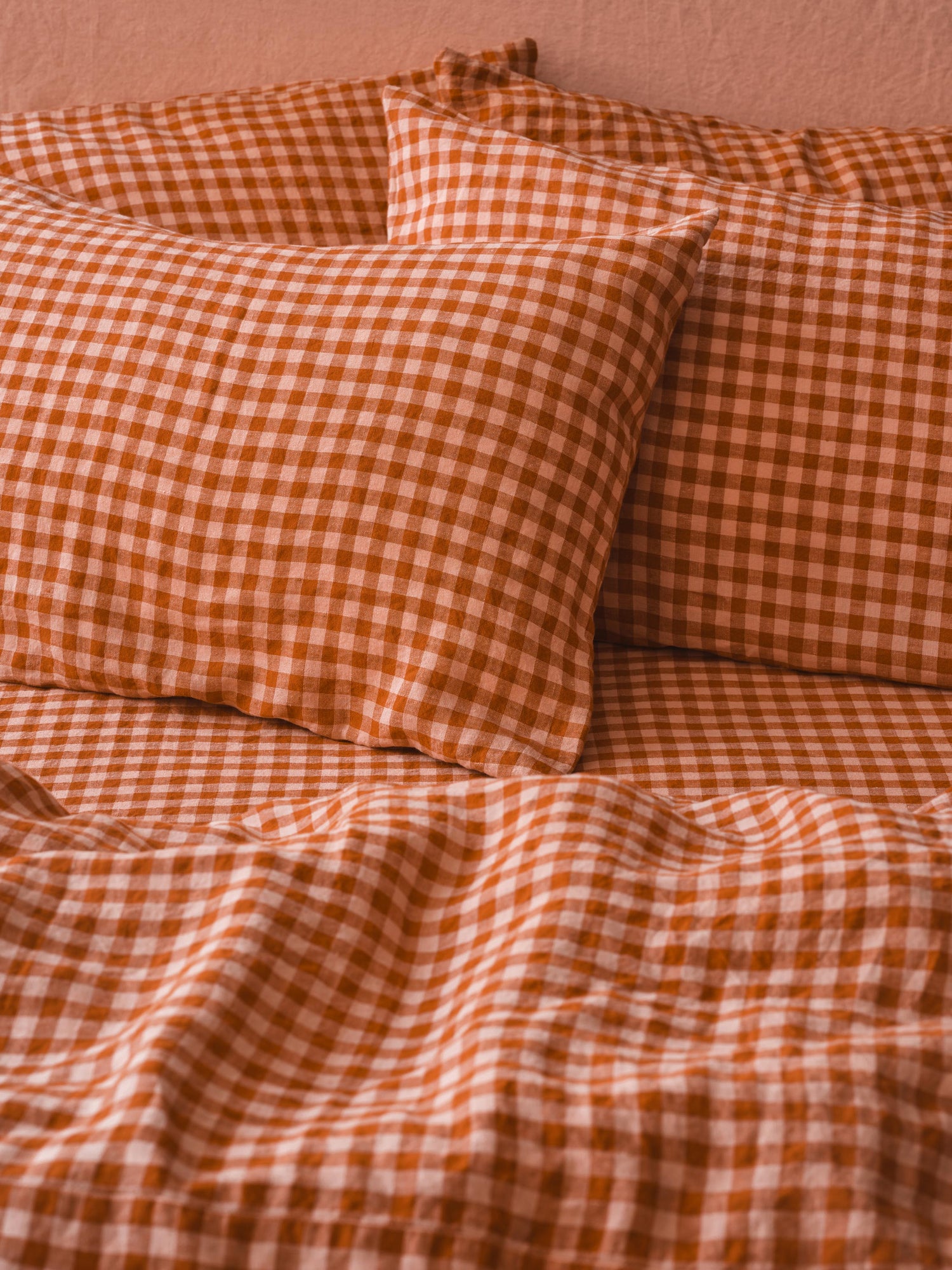 Cinnamon & Peach Color Drenched Gingham Linen Bedding
