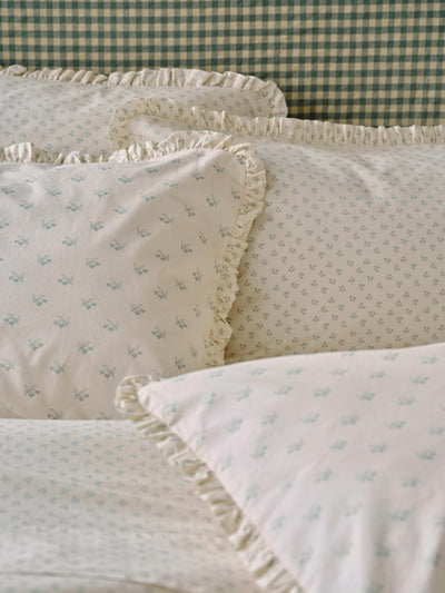 Mellow Green Martha Floral Cotton Frill Pillowcases (Pair)