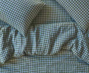 Fern Green & Dusk Blue Colour Drenched Gingham Linen Blend Duvet Cover