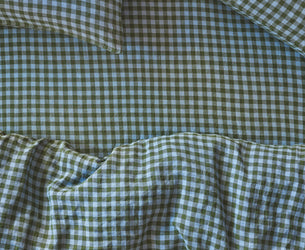 Fern Green & Dusk Blue Colour Drenched Gingham Linen Blend Fitted Sheet - Piglet in Bed US