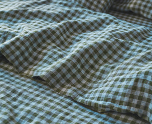 Fern Green & Dusk Blue Color Drenched Gingham 100% Linen Flat Sheet - Piglet in Bed US