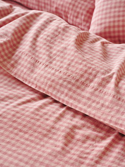 Dusty Pink & Rose Color Drenched Gingham Linen Blend Flat Sheet
