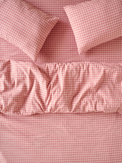 Dusty Pink & Rose Color Drenched Gingham Linen Blend Duvet Cover