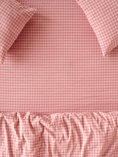 Dusty Pink & Rose Color Drenched Gingham Linen Blend Fitted Sheet