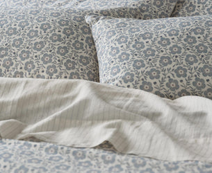 Dusk Blue Folk Floral Linen Blend Pillowcases (Pair) - Piglet in Bed US