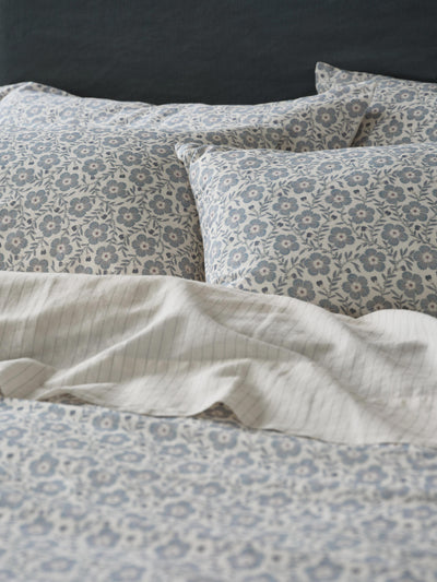 Dusk Blue Folk Floral Linen Blend Pillowcases (Pair)