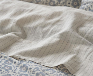 Dusk Blue Folk Stripe Linen Blend Flat Sheet