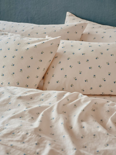 Dusk Blue Posy Bud Linen Blend Pillowcases (Pair)