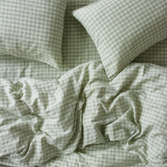 Sage Green Gingham Linen Blend Duvet Cover