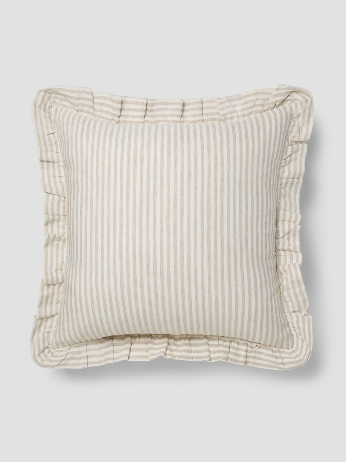 Oatmeal stripe cushion with a frilled edge, on a light gray background.