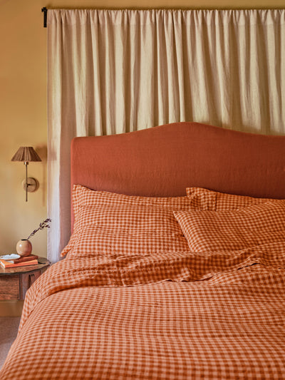 Cinnamon & Peach Colour Drenched Gingham Linen Blend Duvet Cover - alternate image