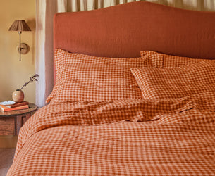Cinnamon & Peach Colour Drenched Gingham Linen Blend Duvet Cover