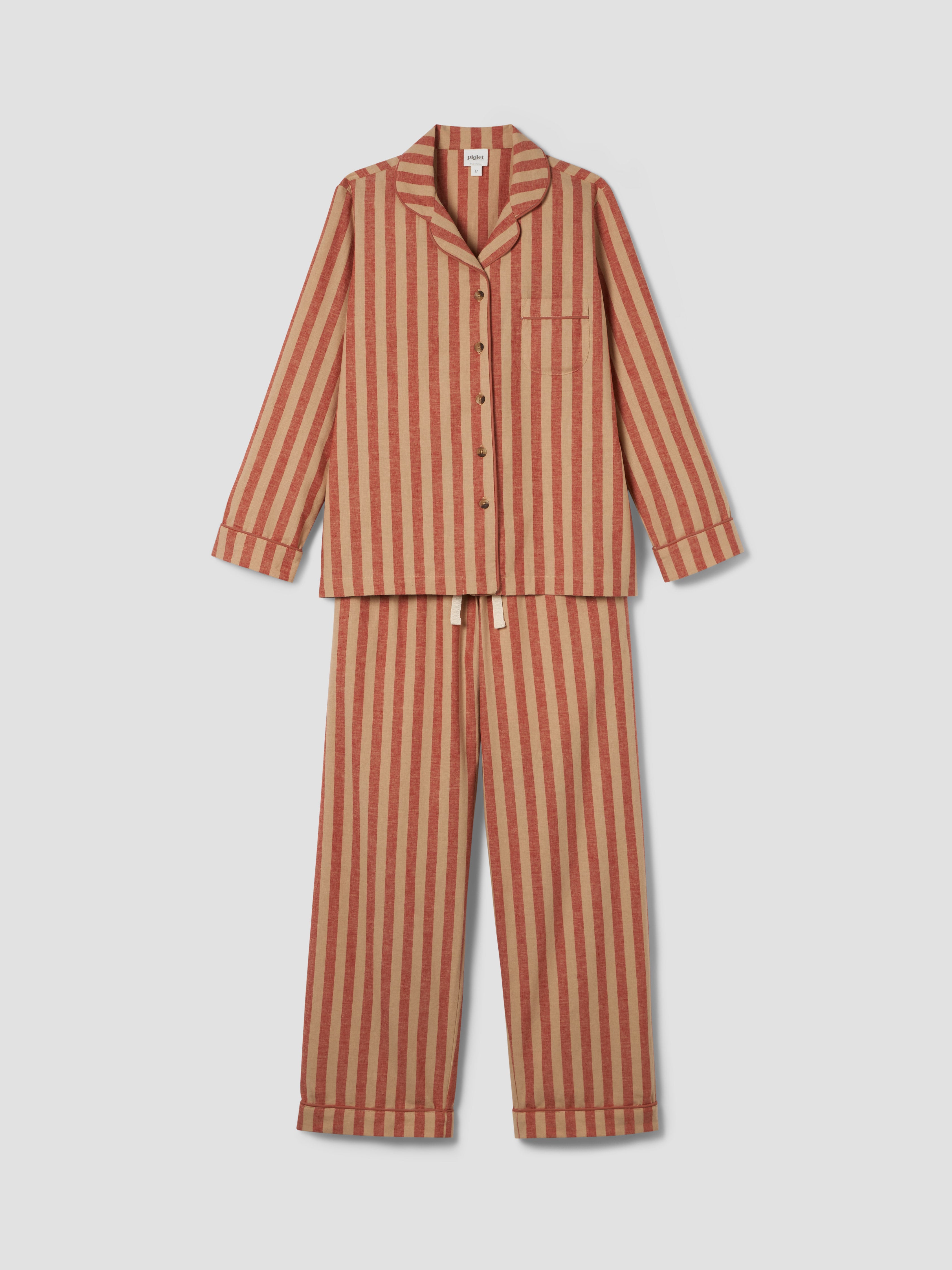 Sandstone Red Pembroke Stripe Linen Blend Pajama Set | Piglet in Sandstone Red Pembroke Stripe Linen Blend Pajama Set | Piglet in
