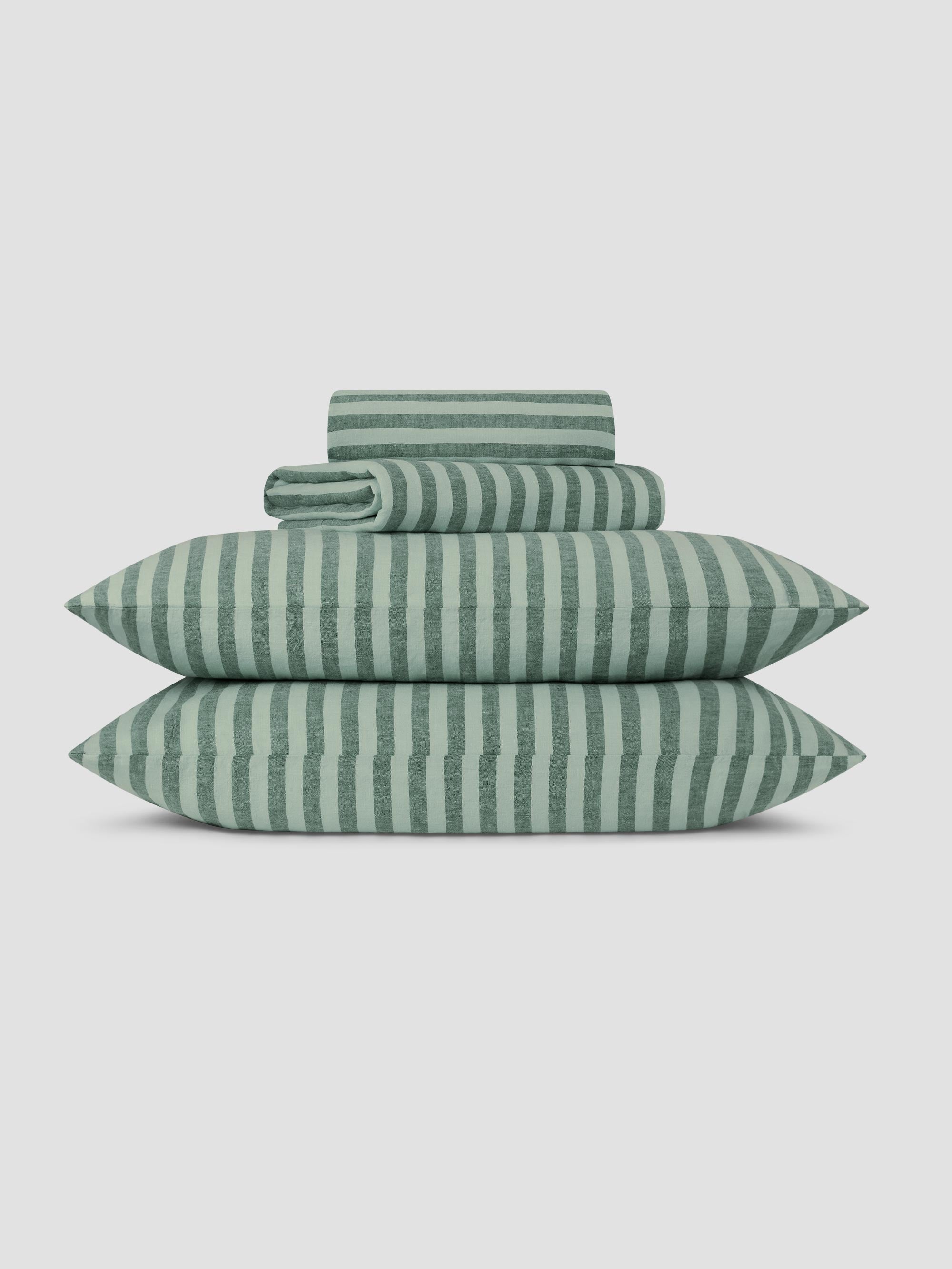 Pine Green Pembroke Stripe Linen Blend Sheet Set