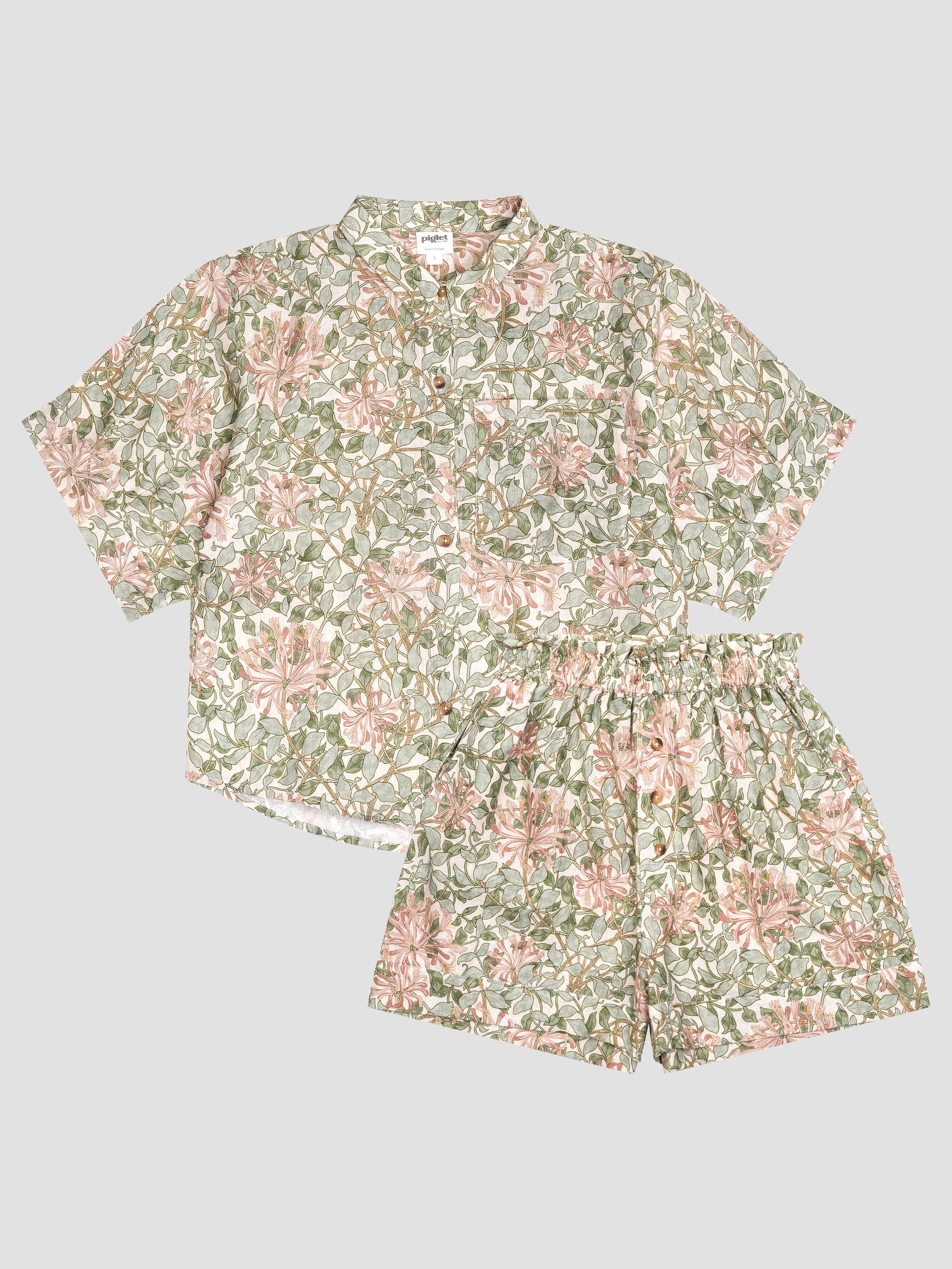 Soft Sage Honeysuckle Linen Women's Pajama Shorts Set | Piglet in